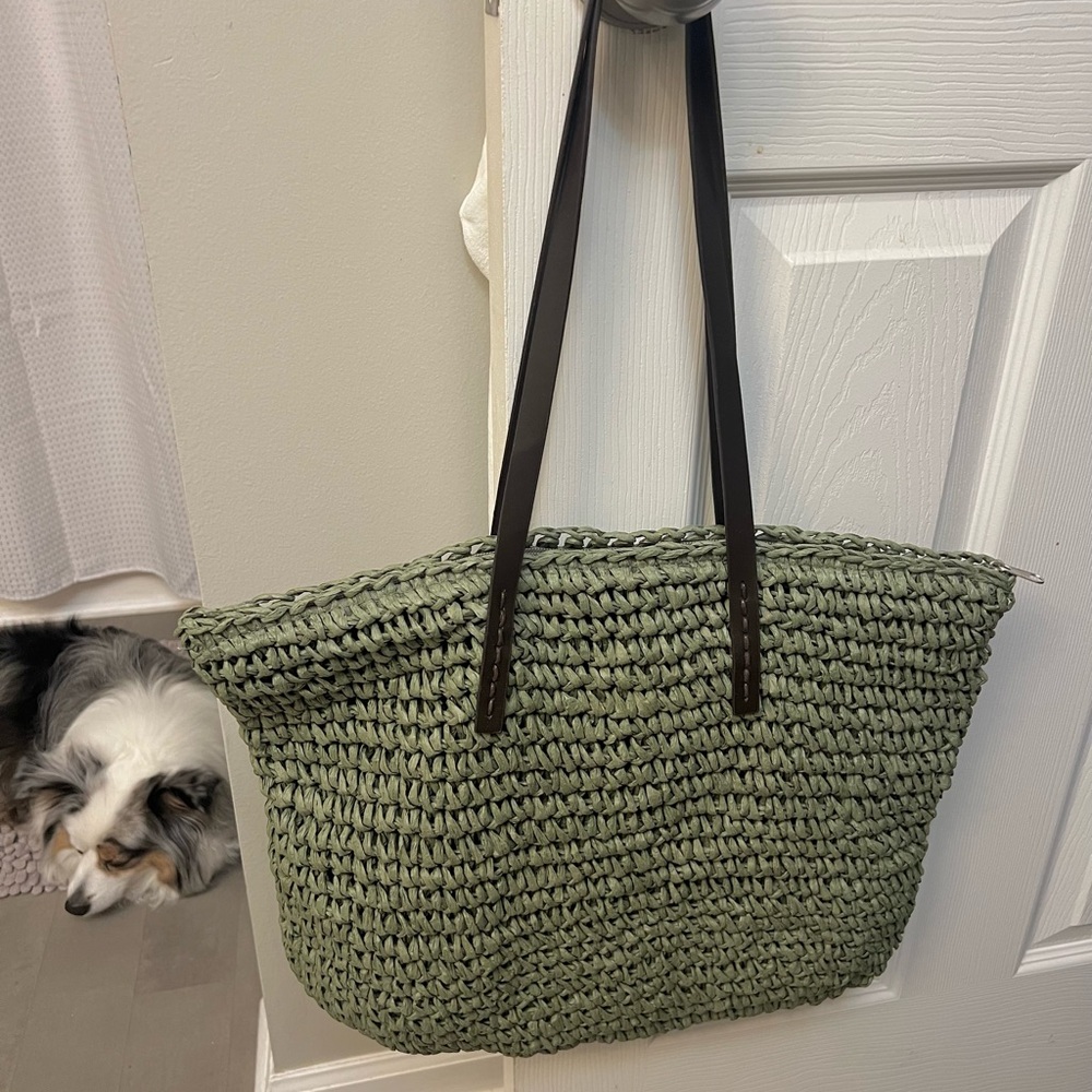 Olive Green Woven Straw Tote Bag, NEW